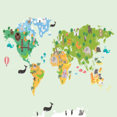 Papier peint mural : carte du monde en version bande dessinée avec des animaux, pour chambre d'enfant, vert
