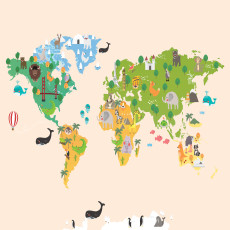 Papier peint mural représentant une carte du monde de bande dessinée avec des animaux, couleur beige, pour chambre d'enfant
