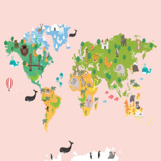 Papier peint mural représentant une carte du monde en version bande dessinée avec des animaux, pour chambre d'enfant rose