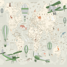 Papier peint mural vintage : carte du monde, avions, ballons, chambre d'enfant verte