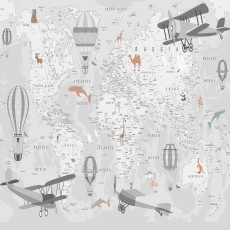 Papier peint mural vintage : carte du monde, avions, ballons, gris, chambre d'enfant