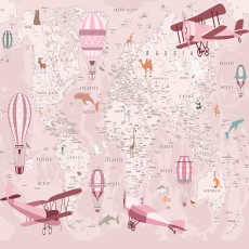 Papier peint mural vintage : carte du monde, avions, ballons, chambre d'enfant rose