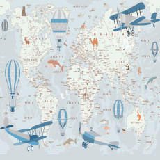 Papier peint mural vintage : carte du monde, avions, ballons, bleu, chambre d'enfant