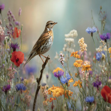 Papier peint photo « Oiseau dans un pré fleuri multicolore » pour salon ou chambre à coucher, papier peint intissé
