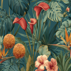 Papier peint mural représentant des fleurs tropicales exotiques et des feuilles vertes pour le salon