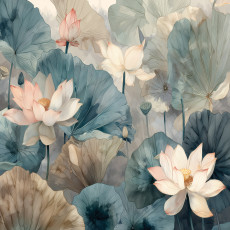 Papier peint mural « Fleurs et feuilles de lotus, bleu » pour le salon