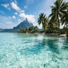 Papier peint mural « Île tropicale, palmiers, lagon bleu » pour le salon