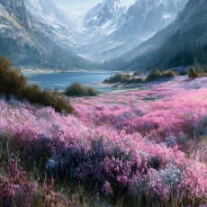 Papier peint mural « Prairie de montagne, bruyère rose, lac » pour le salon