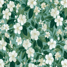 Papier peint mural « Fleurs blanches et feuilles vertes » pour le salon