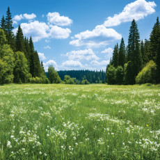 Papier peint mural « Prairie verte, forêt, ciel bleu » pour le salon