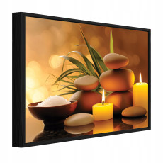 Tableau dans un cadre noir sur toile : spa, pierres, bougies, salon de massage, 100 x 70