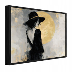 Tableau dans un cadre noir sur toile : femme au chapeau, salon-chambre à coucher, 60 x 40