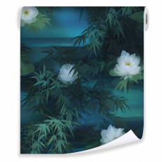 Papier peint fleurs feuilles lys aquarelle sur intissé mur salon chambre à coucher