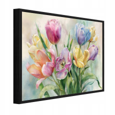 Tableau sur toile dans un cadre noir, fleurs aux tons pastel, salon ou chambre à coucher, 100 x 70