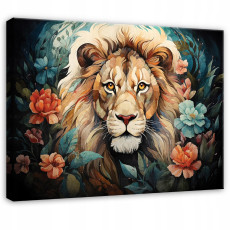Tableau représentant un lion et des fleurs, aquarelle, animaux, pour la chambre à coucher ou le salon, sur toile, 40 x 30