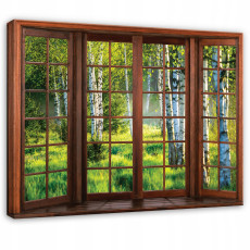 Tableau 3D représentant une forêt de bouleaux, vue depuis une chambre ou un salon, sur toile 40 x 30
