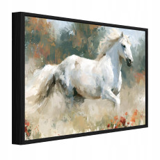 Tableau dans un cadre noir sur toile : cheval blanc, prairie, salon, chambre à coucher, 60 x 40