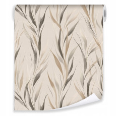 Papier peint feuilles herbe bohème beige sur intissé mur salon chambre à coucher