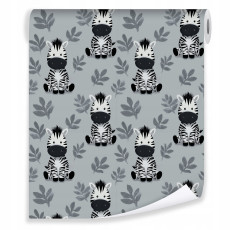Papier peint bleu pour enfants avec motif zèbre et feuilles, pour la chambre d'enfant