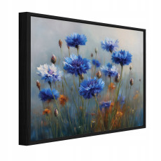 Tableau sur toile dans un cadre noir, fleurs bleues, salon ou chambre à coucher, 100 x 70