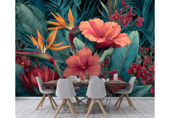 Papier peint mural tropical hibiscus, strelitzia, rouge et vert, pour salon ou chambre à coucher