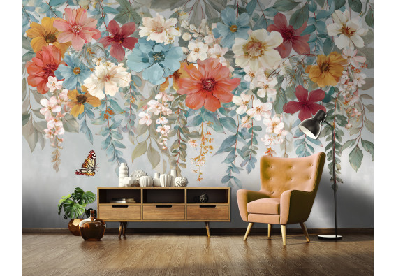 Papier peint mural avec fleurs et papillons, coloré, gris, pour le salon, la chambre ou la salle à manger