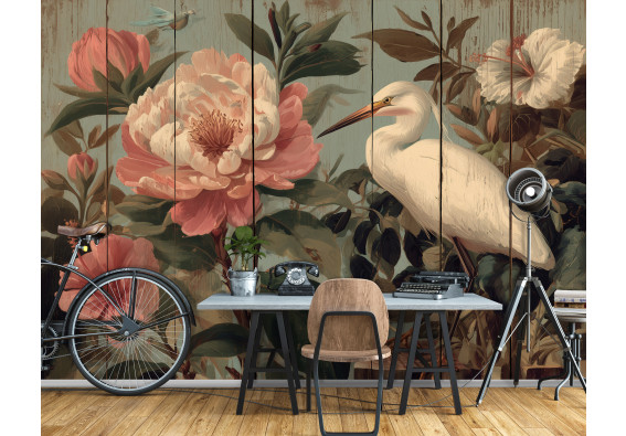 Papier peint mural : aigrettes, pivoines, hibiscus, planches de bois, style vintage, rose, salon, chambre