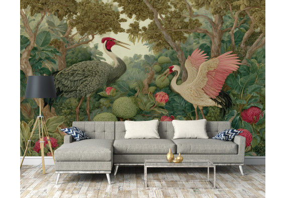 Papier peint mural : grues, oiseaux, jungle, chinoiserie, vert, rouge, salon, chambre