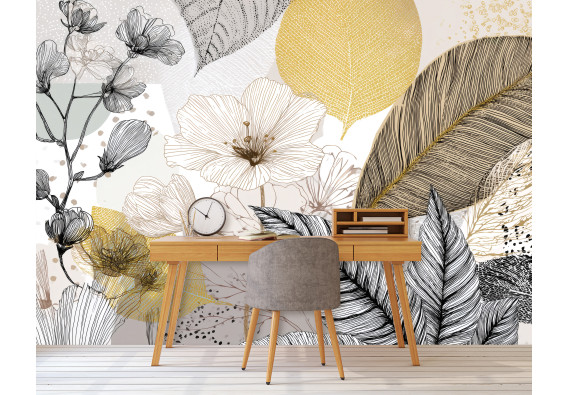 Papier peint mural fleurs, feuilles, plumes, croquis, doré, art déco, beige, salon, chambre