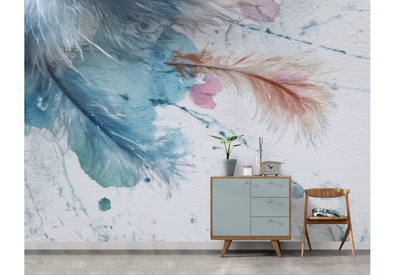 Papier peint mural plumes aquarelle bleu orange minimaliste chambre salon enfants