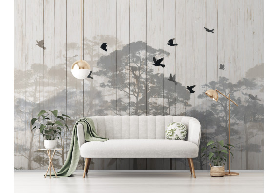 Papier peint mural : forêt, arbres, silhouettes d'oiseaux, planches de bois, beige, salon, chambre