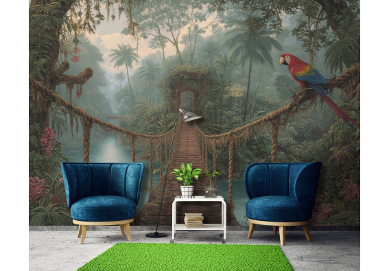 Papier peint mural : pont de corde dans la jungle, perroquet, vert tropical et marron, salon et chambre
