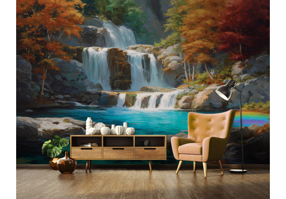 Papier peint mural : cascade, arbres d'automne, orange et bleu, peinture à l'huile, salon, chambre