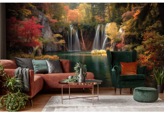 Papier peint mural : cascade, lac, arbres d'automne, rouge et orange, salon, chambre