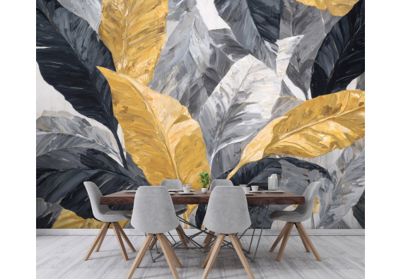 Papier peint mural « Feuilles de bananier » doré, noir et gris – style glamour – salon, chambre, salle à manger