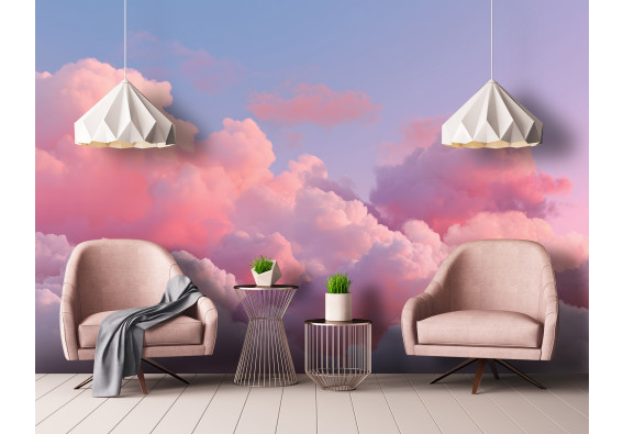 Papier peint mural « Nuages » rose pastel et bleu, style barbe à papa, pour chambre d'enfant ou salon