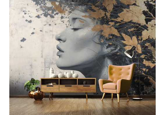 Papier peint mural : portrait de femme, feuilles dorées, bleu marine et gris, style glamour, salon ou chambre à coucher