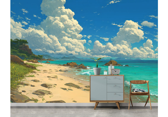 Papier peint mural : illustration de plage, mer et nuages, bleu, salon, chambre, enfants