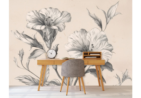 Papier peint mural fleurs gravure botanique croquis beige gris vintage chambre salon