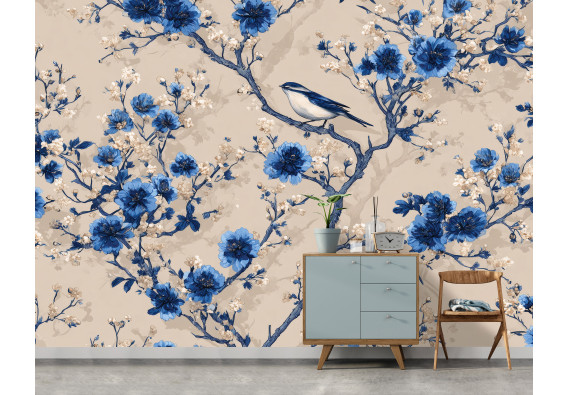 Papier peint mural chinoiserie : fleurs bleues, oiseaux et branches, beige, pour chambre à coucher ou salon