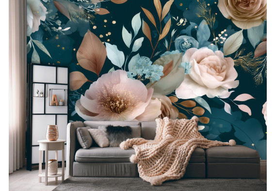 Papier peint mural aux tons pastel : rose, pêche, bleu et vert foncé – style glamour pour le salon ou la chambre à coucher