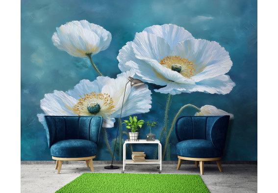 Papier peint mural représentant des coquelicots blancs, peinture à l'huile, bleu turquoise, chambre à coucher, salon