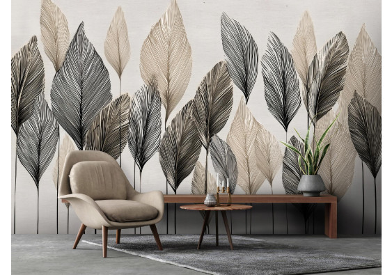 Papier peint abstrait feuilles beige boh&egrave;me pour la chambre &agrave; coucher ou le salon 400x280
