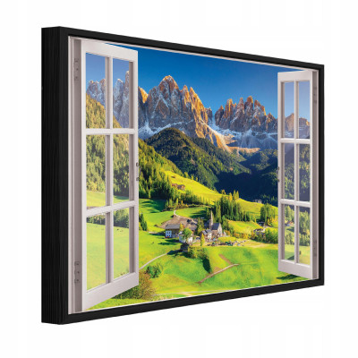 Tableau dans un cadre noir sur toile, fenêtre 3D, montagne, nature, salon, chambre à coucher, 100 x 70