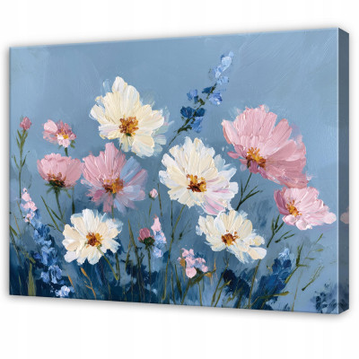 Tableau « Fleurs des champs » à l'aquarelle, bleu, pour chambre à coucher ou salon, sur toile, 60 x 40 cm
