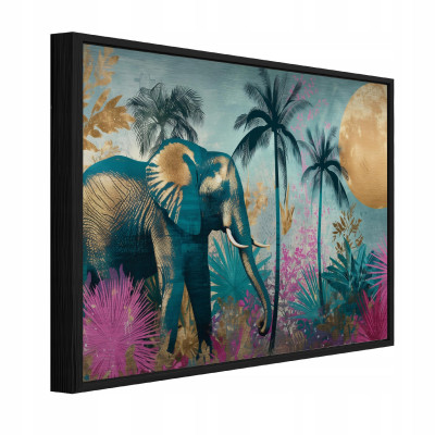 Tableau sur métal dans un cadre noir – Éléphant, jungle, loft, salon, chambre à coucher – 150 x 100