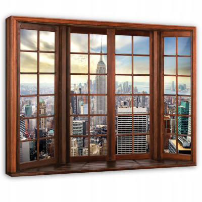 Tableau sur toile 120 x 80 cm représentant une vue en 3D de New York depuis une chambre ou un salon