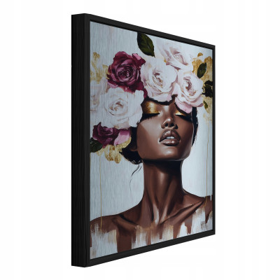Tableau sur métal dans un cadre noir femme fleurs roses salon chambre à coucher 120x80