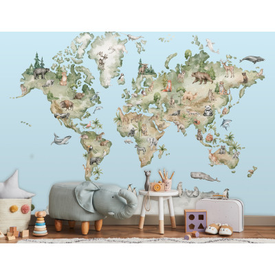 Papier peint mural : carte du monde avec des animaux, bleu, chambre d'enfant
