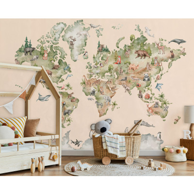 Papier peint mural repr&eacute;sentant une carte du monde avec des animaux, couleur beige, pour chambre d'enfant